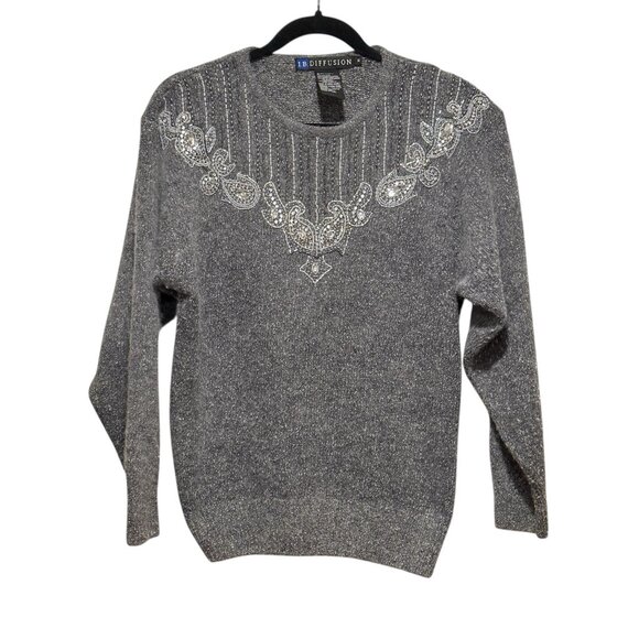 Vintage 80s Silk Angora Blend Gray Sequin Beaded Womens Holiday Sweater Medium - Picture 1 of 9